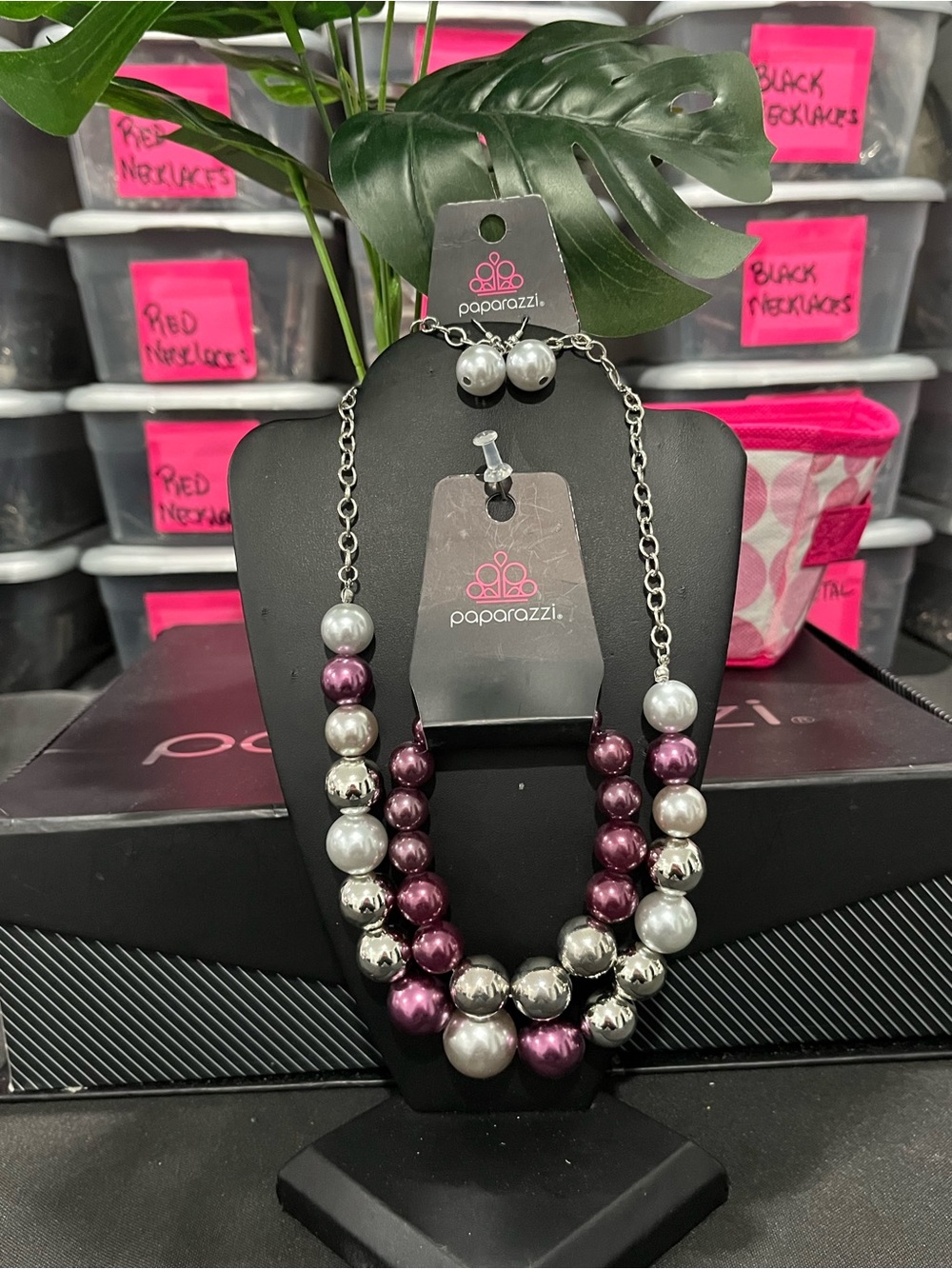 Paparazzi Plum and Silver Double-Strand Pearl Necklace Set